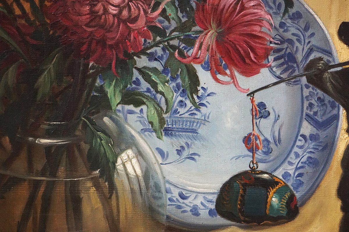 GÉRARD BAKKER (1879-1967) / BOUQUET DE CHRYSANTHÈMES et OBJETS DEVORATIFS / DATÉE 1943-photo-4