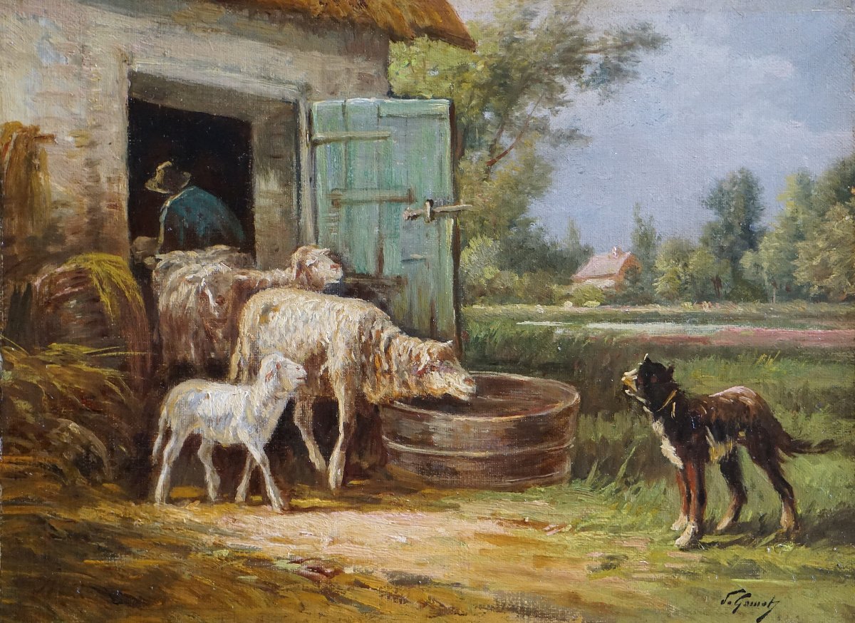 A Lively Pastoral Scene With Sheep And A Dog / J. Gamot / 19th Century-photo-2