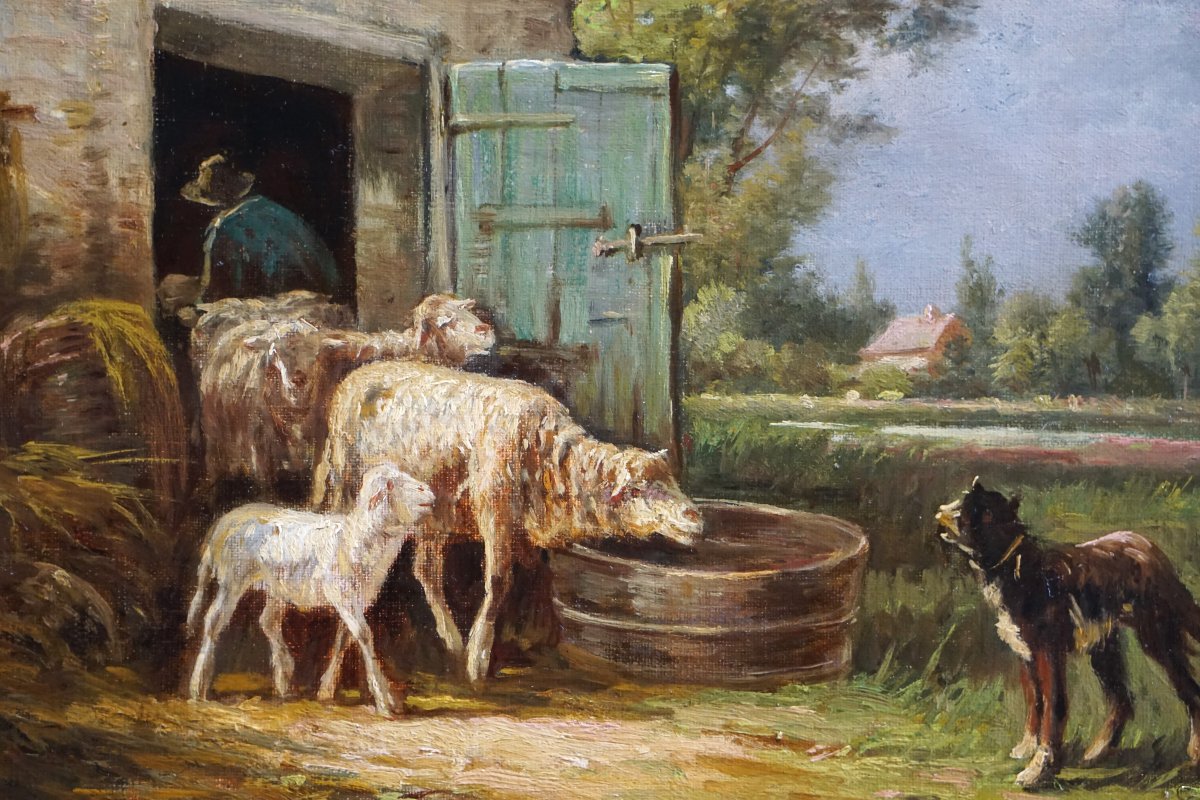 A Lively Pastoral Scene With Sheep And A Dog / J. Gamot / 19th Century-photo-3
