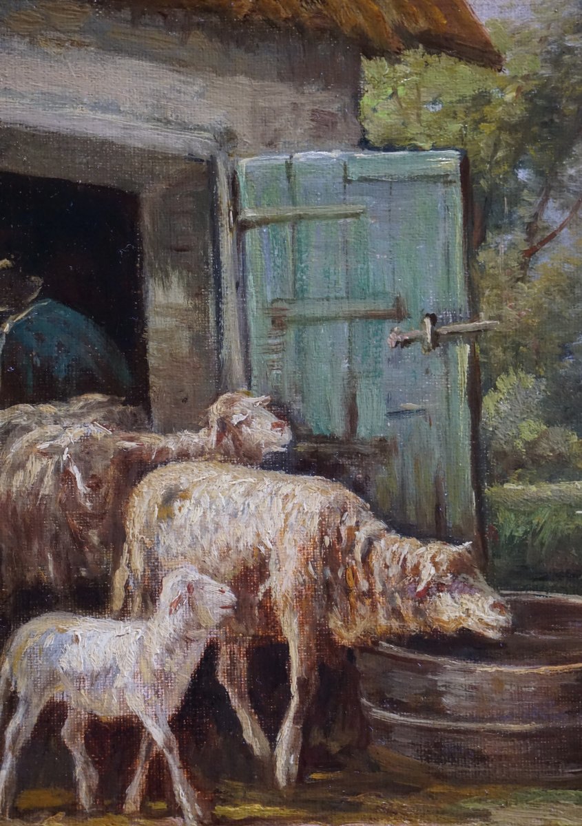 A Lively Pastoral Scene With Sheep And A Dog / J. Gamot / 19th Century-photo-1