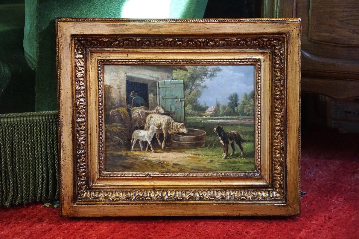 A Lively Pastoral Scene With Sheep And A Dog / J. Gamot / 19th Century-photo-4