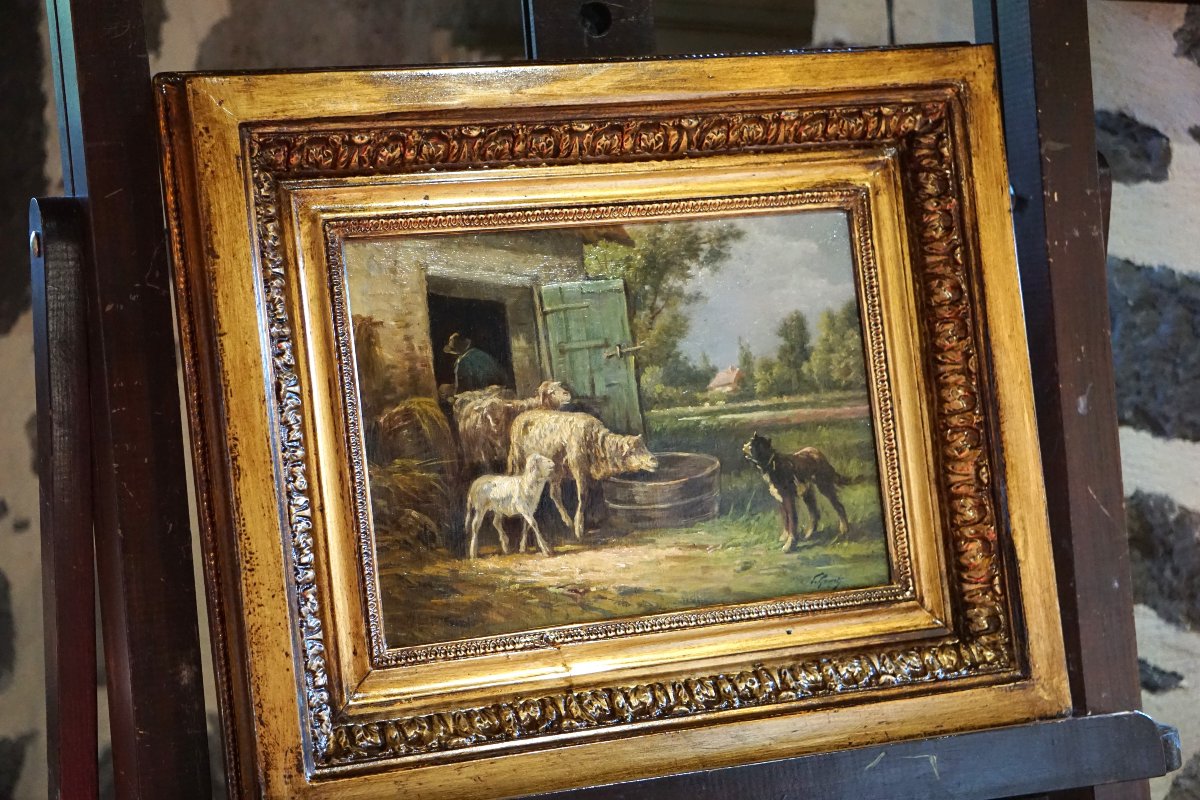 A Lively Pastoral Scene With Sheep And A Dog / J. Gamot / 19th Century-photo-7