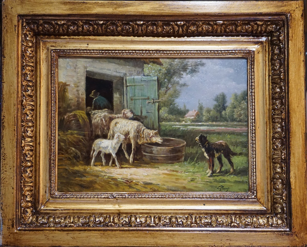 A Lively Pastoral Scene With Sheep And A Dog / J. Gamot / 19th Century