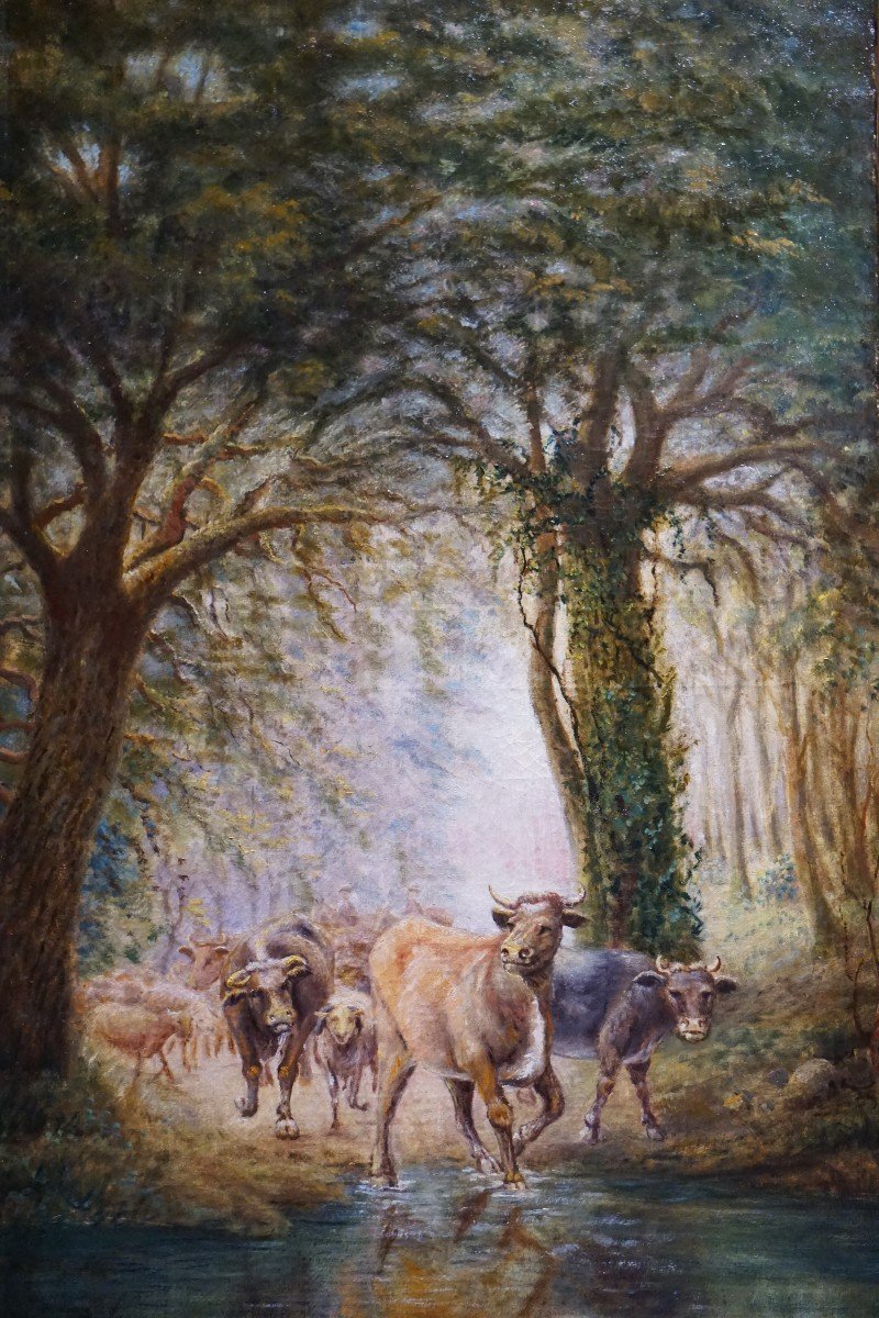 XIXe siècle / CLAIRIÈRE PASTORALE: VACHES DANS UN SOUS-BOIS /  huile sur toile-photo-2