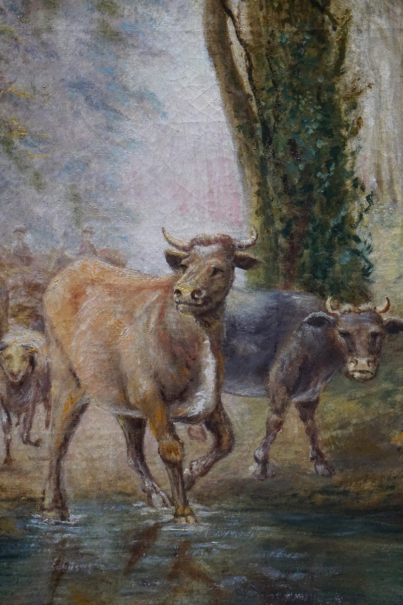 XIXe siècle / CLAIRIÈRE PASTORALE: VACHES DANS UN SOUS-BOIS /  huile sur toile-photo-3