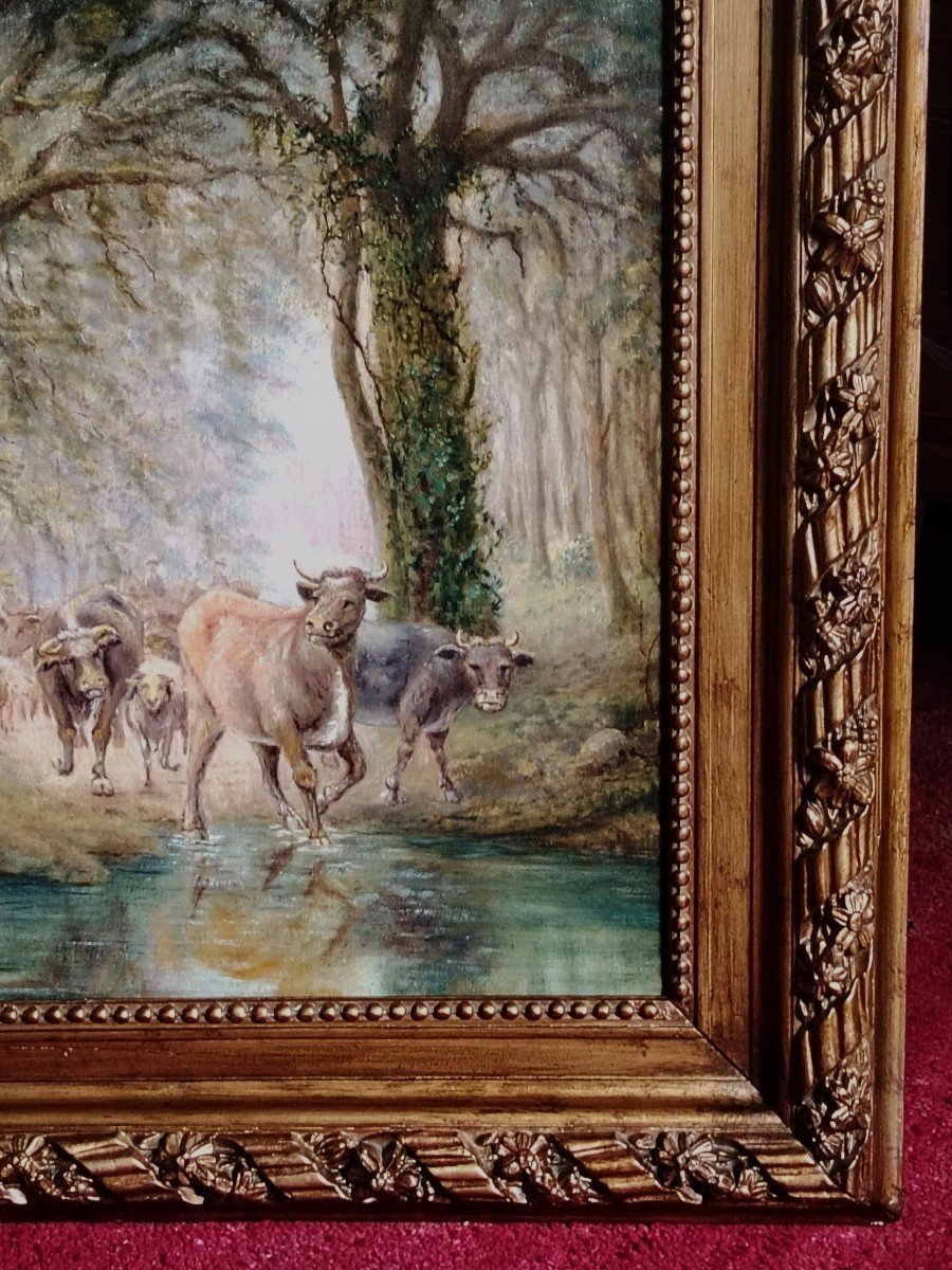XIXe siècle / CLAIRIÈRE PASTORALE: VACHES DANS UN SOUS-BOIS /  huile sur toile-photo-2