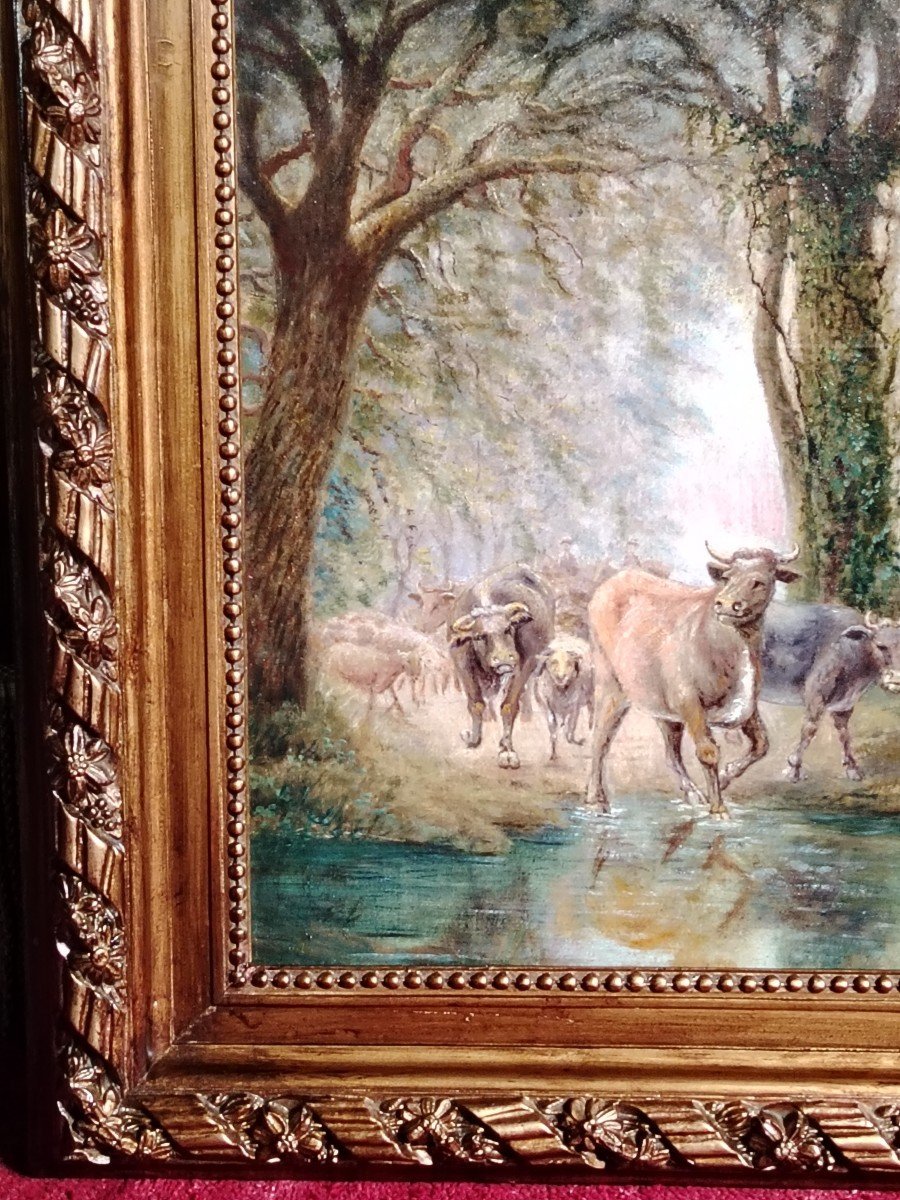 XIXe siècle / CLAIRIÈRE PASTORALE: VACHES DANS UN SOUS-BOIS /  huile sur toile-photo-3