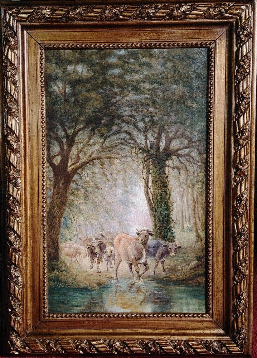XIXe siècle / CLAIRIÈRE PASTORALE: VACHES DANS UN SOUS-BOIS /  huile sur toile