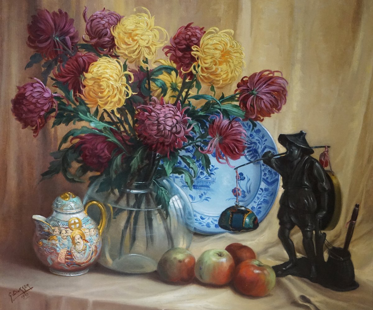 GÉRARD BAKKER (1879-1967) / BOUQUET DE CHRYSANTHÈMES et OBJETS DEVORATIFS / DATÉE 1943-photo-2