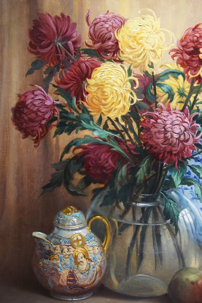 GÉRARD BAKKER (1879-1967) / BOUQUET DE CHRYSANTHÈMES et OBJETS DEVORATIFS / DATÉE 1943-photo-3