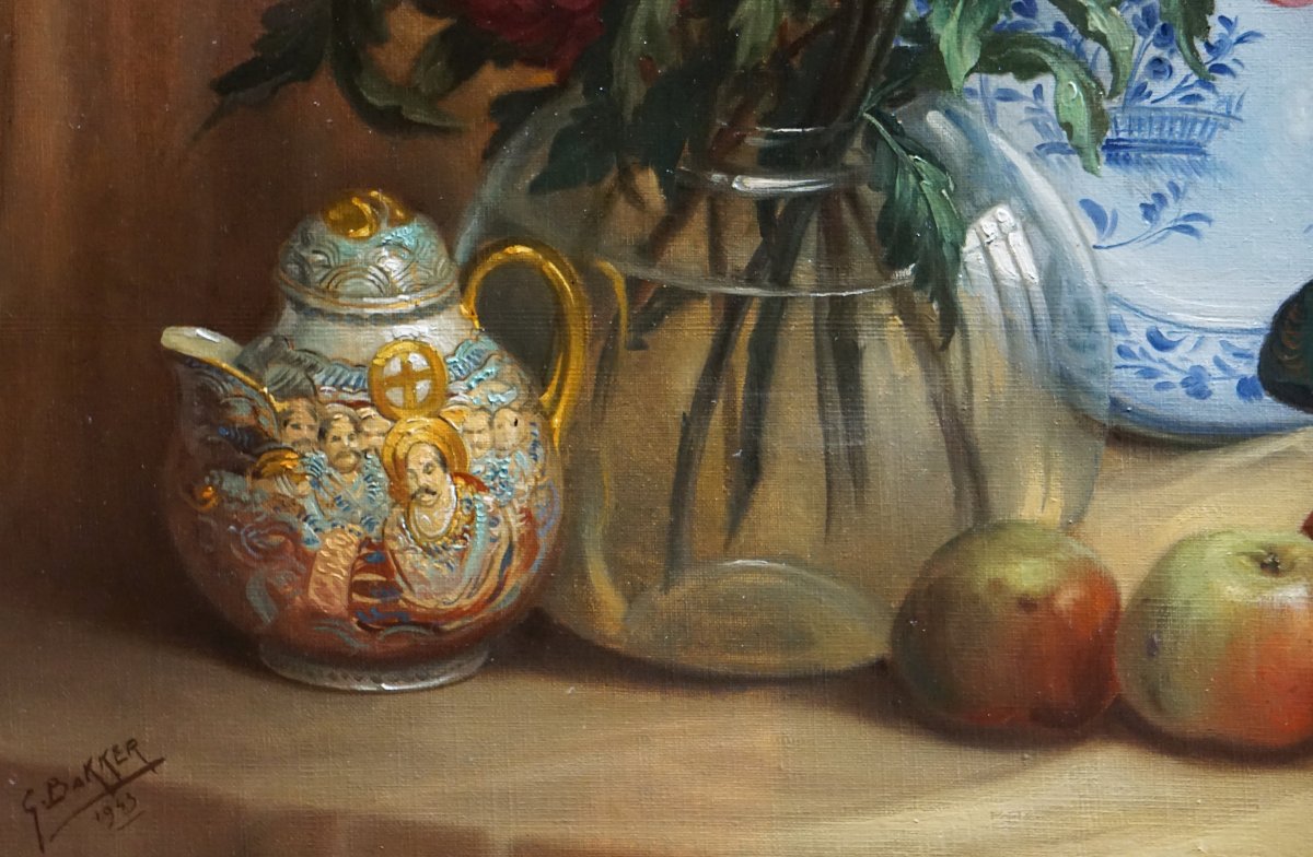 GÉRARD BAKKER (1879-1967) / BOUQUET DE CHRYSANTHÈMES et OBJETS DEVORATIFS / DATÉE 1943-photo-2