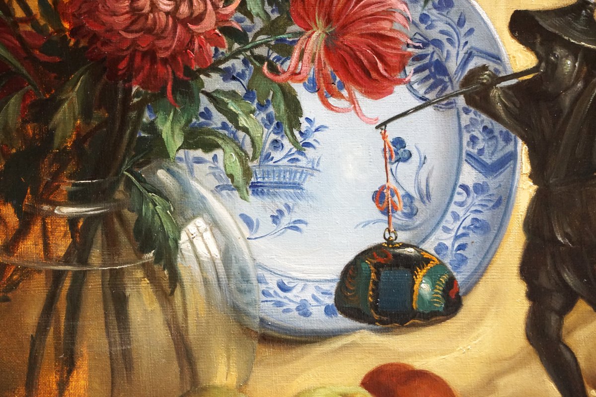 GÉRARD BAKKER (1879-1967) / BOUQUET DE CHRYSANTHÈMES et OBJETS DEVORATIFS / DATÉE 1943-photo-3