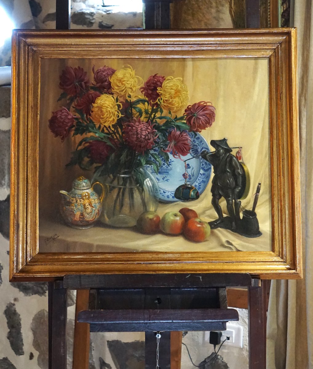 GÉRARD BAKKER (1879-1967) / BOUQUET DE CHRYSANTHÈMES et OBJETS DEVORATIFS / DATÉE 1943-photo-4