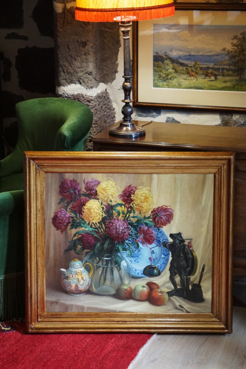 GÉRARD BAKKER (1879-1967) / BOUQUET DE CHRYSANTHÈMES et OBJETS DEVORATIFS / DATÉE 1943-photo-5