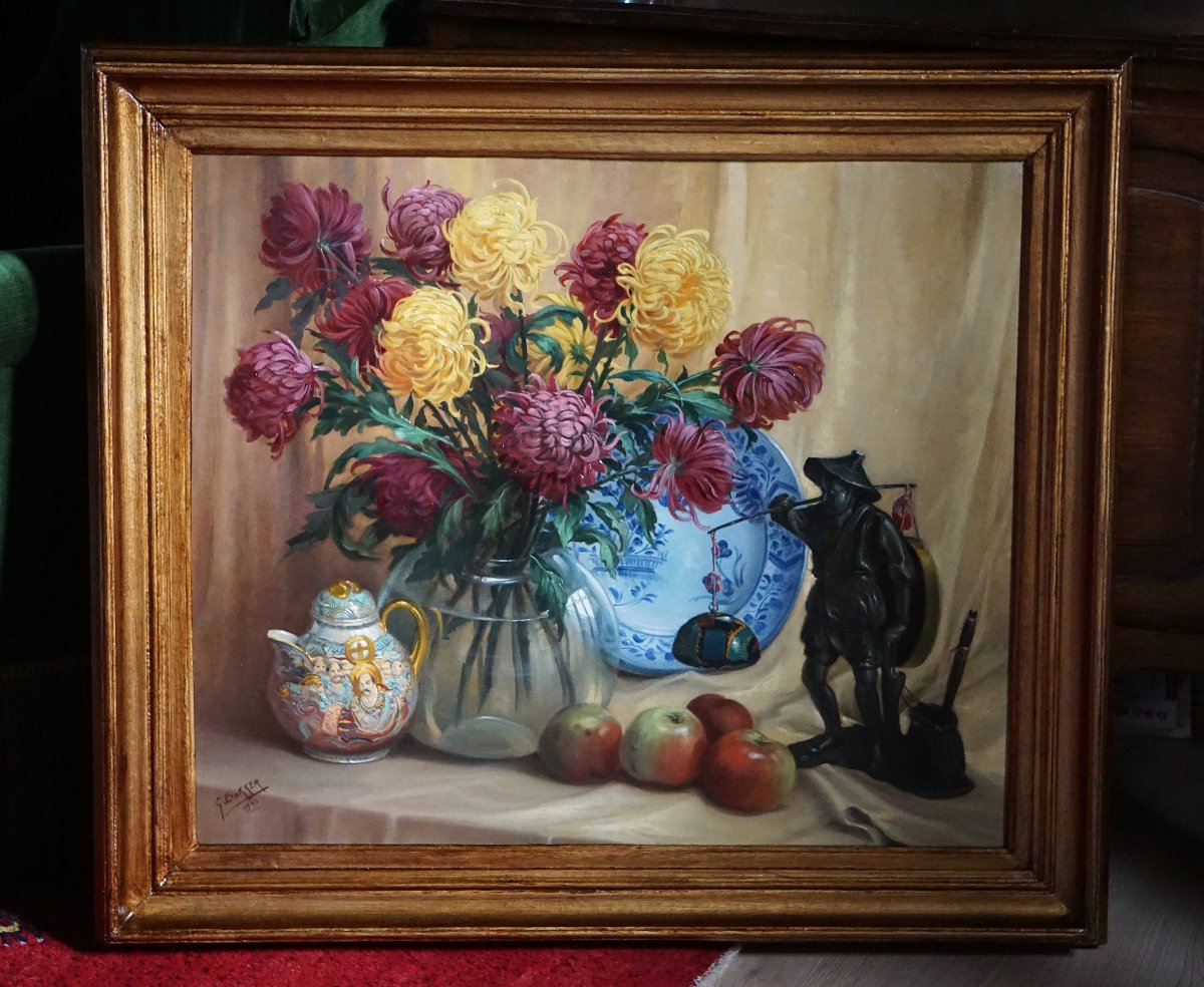 GÉRARD BAKKER (1879-1967) / BOUQUET DE CHRYSANTHÈMES et OBJETS DEVORATIFS / DATÉE 1943-photo-6