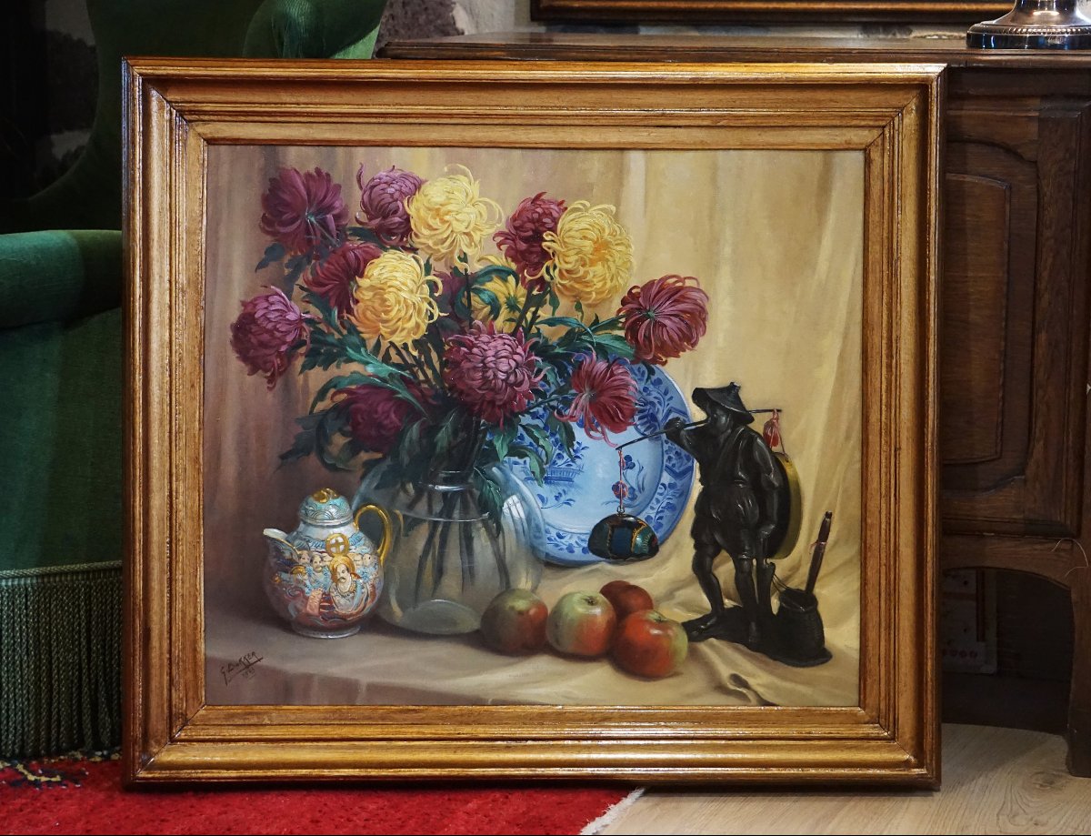 GÉRARD BAKKER (1879-1967) / BOUQUET DE CHRYSANTHÈMES et OBJETS DEVORATIFS / DATÉE 1943-photo-7
