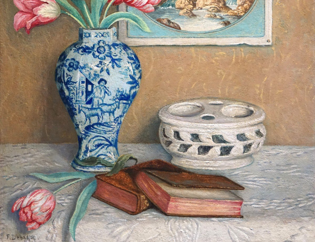 Still Life With Tulips On Entablature / François Joseph Dehaspe (1874-1959)-photo-4