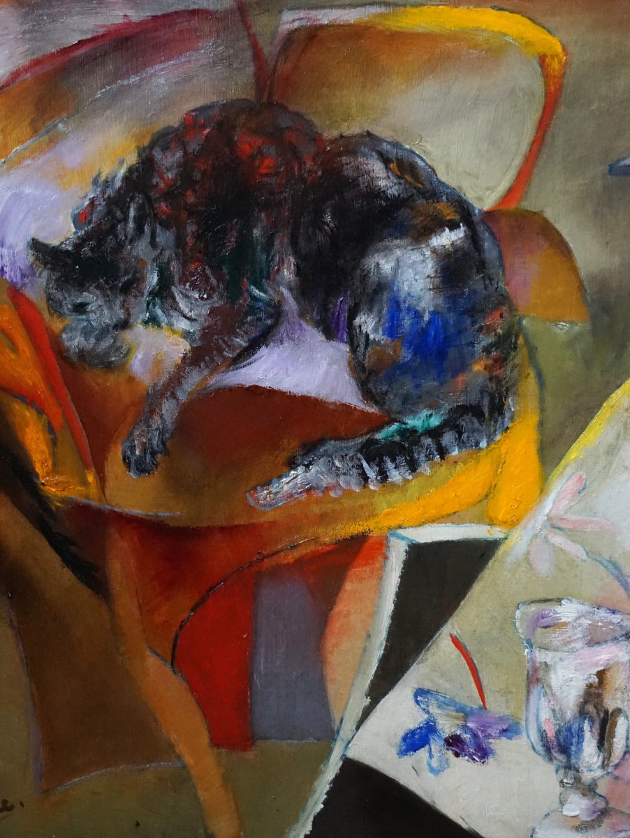 LE CHAT SUR LE FAUTEUIL / JACQUES COURTADE (1922–1994) / huile sur toile-photo-3