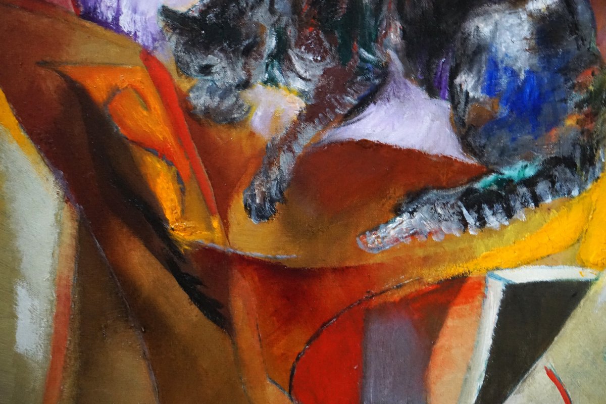 LE CHAT SUR LE FAUTEUIL / JACQUES COURTADE (1922–1994) / huile sur toile-photo-1