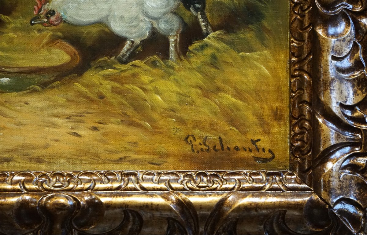 PAUL SCHOUTEN (1860-1922) / BASSE-COUR FLAMANDE AUX POULES ET COQ / huile sur toile-photo-3