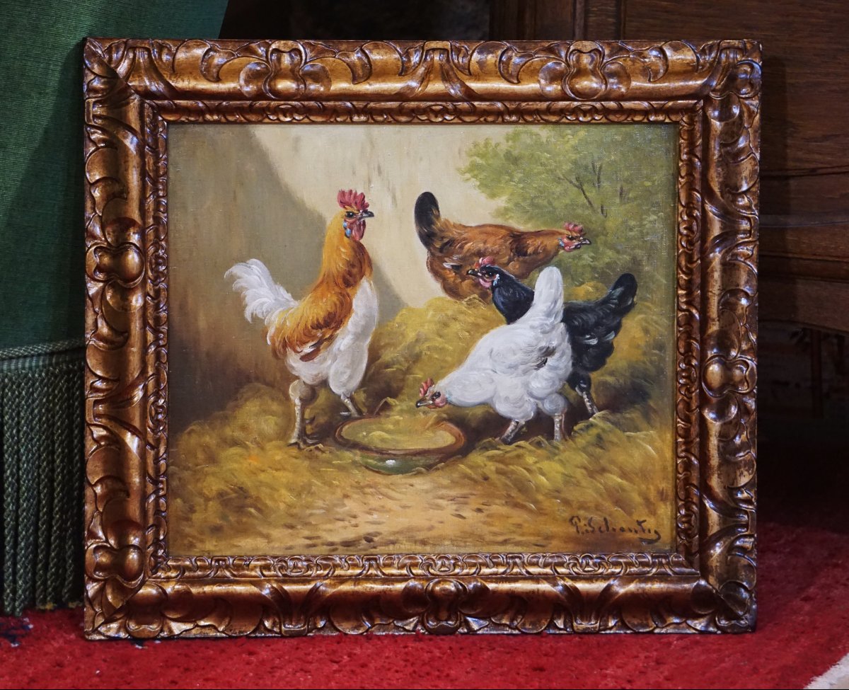 PAUL SCHOUTEN (1860-1922) / BASSE-COUR FLAMANDE AUX POULES ET COQ / huile sur toile-photo-4
