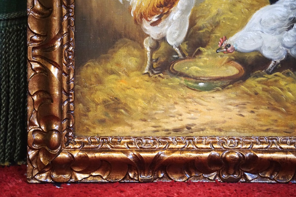 PAUL SCHOUTEN (1860-1922) / BASSE-COUR FLAMANDE AUX POULES ET COQ / huile sur toile-photo-7