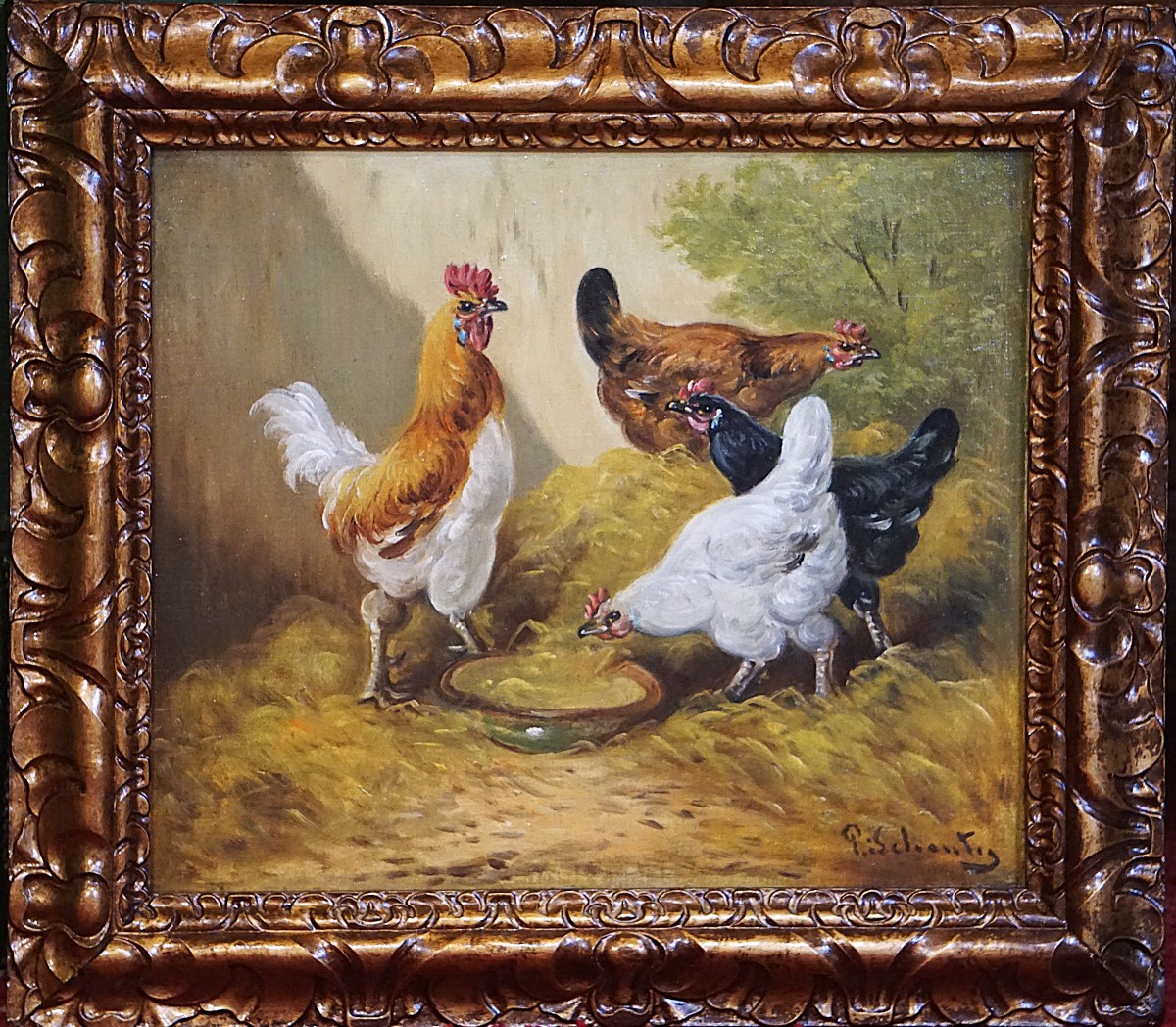 PAUL SCHOUTEN (1860-1922) / BASSE-COUR FLAMANDE AUX POULES ET COQ / huile sur toile