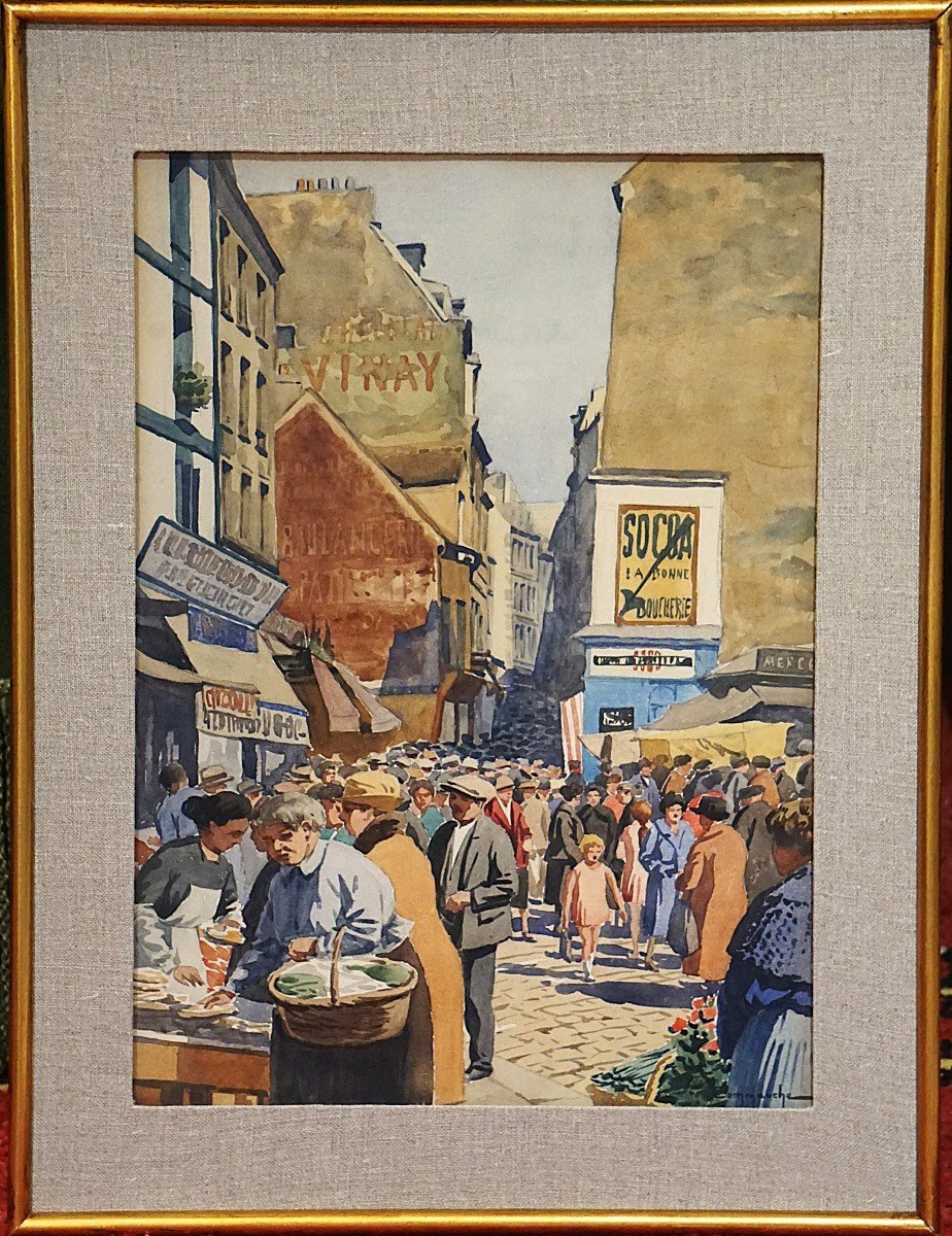 Paris Circa 1930 - Rue Mouffetard & Les Halles | Two Watercolors By J.f. Commauche (1892)-photo-3