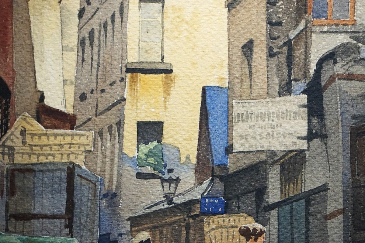 Paris Circa 1930 - Rue Mouffetard & Les Halles | Two Watercolors By J.f. Commauche (1892)-photo-1