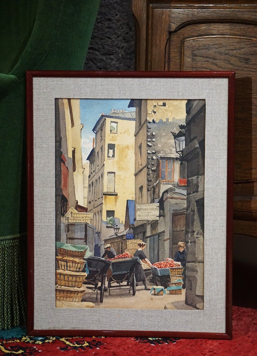 Paris Circa 1930 - Rue Mouffetard & Les Halles | Two Watercolors By J.f. Commauche (1892)-photo-3