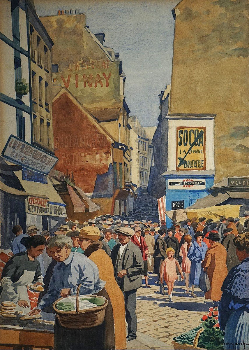 Paris Circa 1930 - Rue Mouffetard & Les Halles | Two Watercolors By J.f. Commauche (1892)-photo-8
