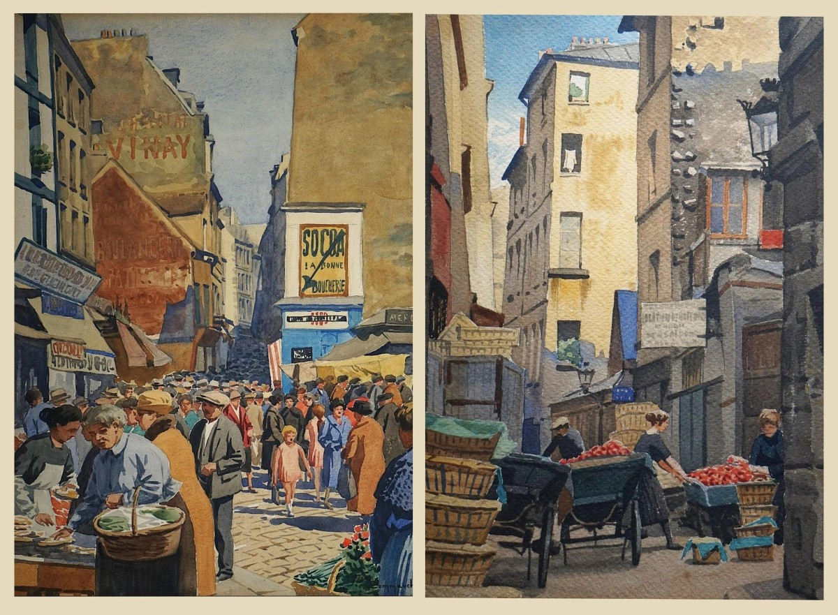 Paris Circa 1930 - Rue Mouffetard & Les Halles | Two Watercolors By J.f. Commauche (1892)