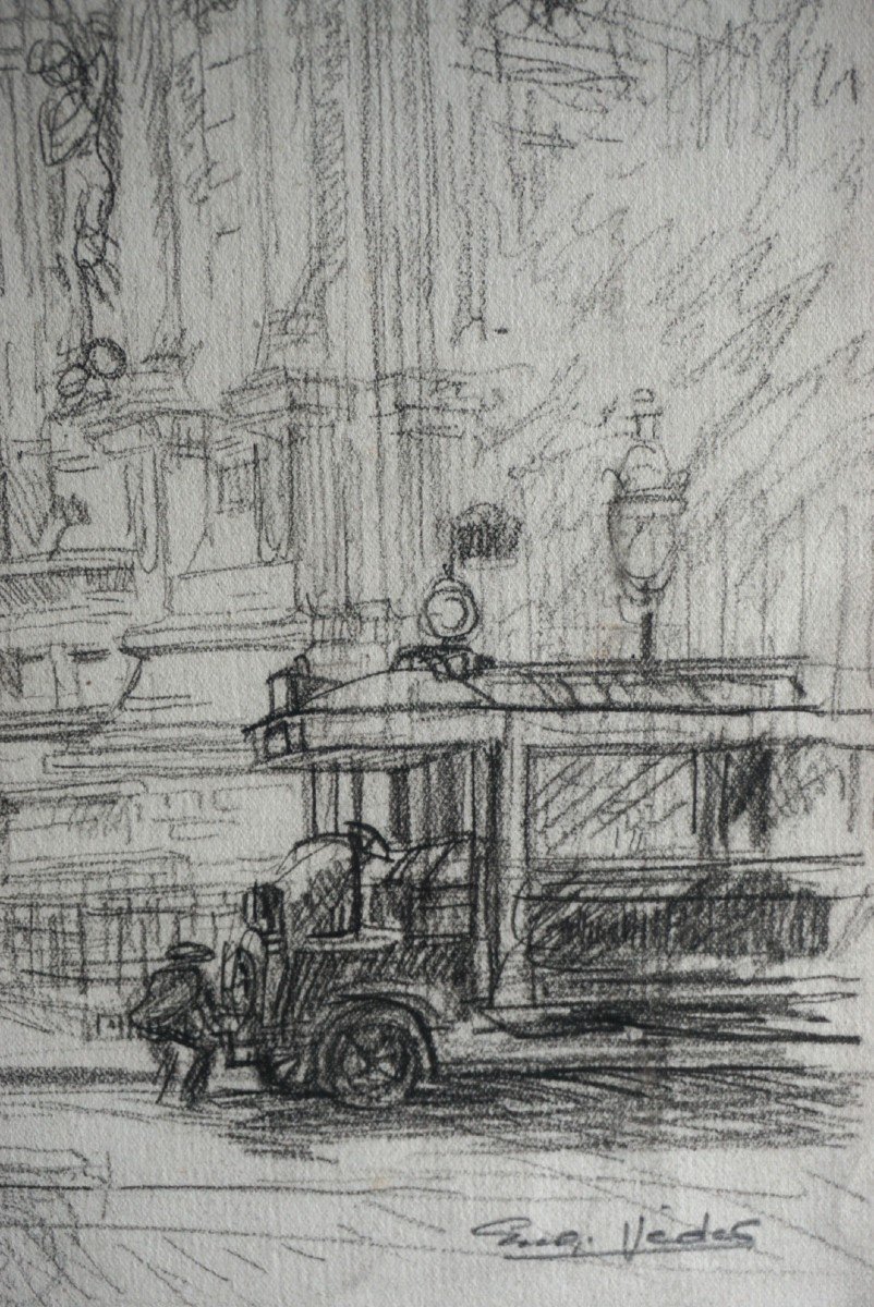 PARIS 1920 – PLACE SAINT-MICHEL PAR EUGÈNE VÉDER (1876-1936) / dessin-photo-2