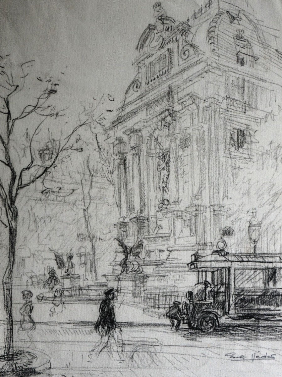 PARIS 1920 – PLACE SAINT-MICHEL PAR EUGÈNE VÉDER (1876-1936) / dessin
