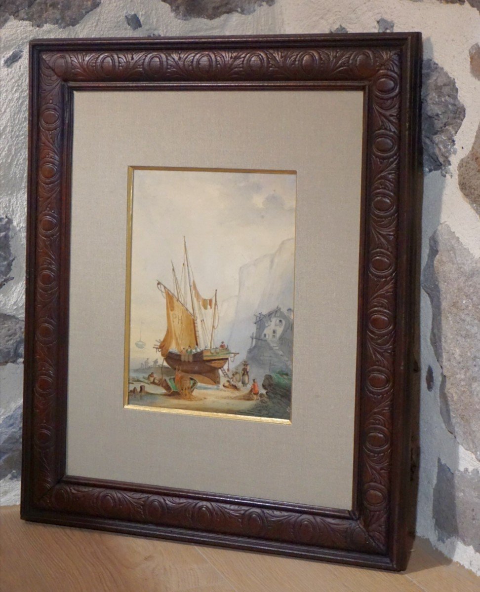 ANNÉE 1854 /   RETOUR DE PÊCHE SUR LA GRÈVE / AQUARELLE-photo-3