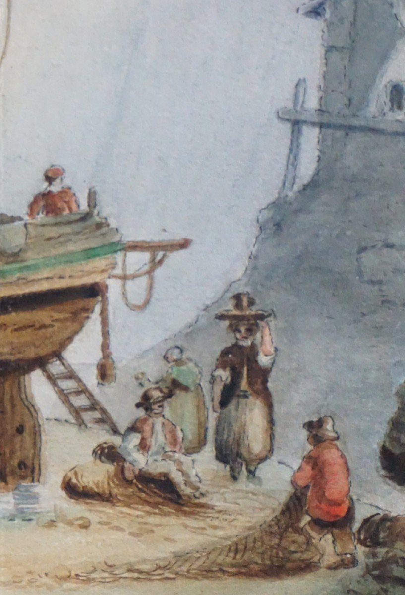 ANNÉE 1854 /   RETOUR DE PÊCHE SUR LA GRÈVE / AQUARELLE-photo-4