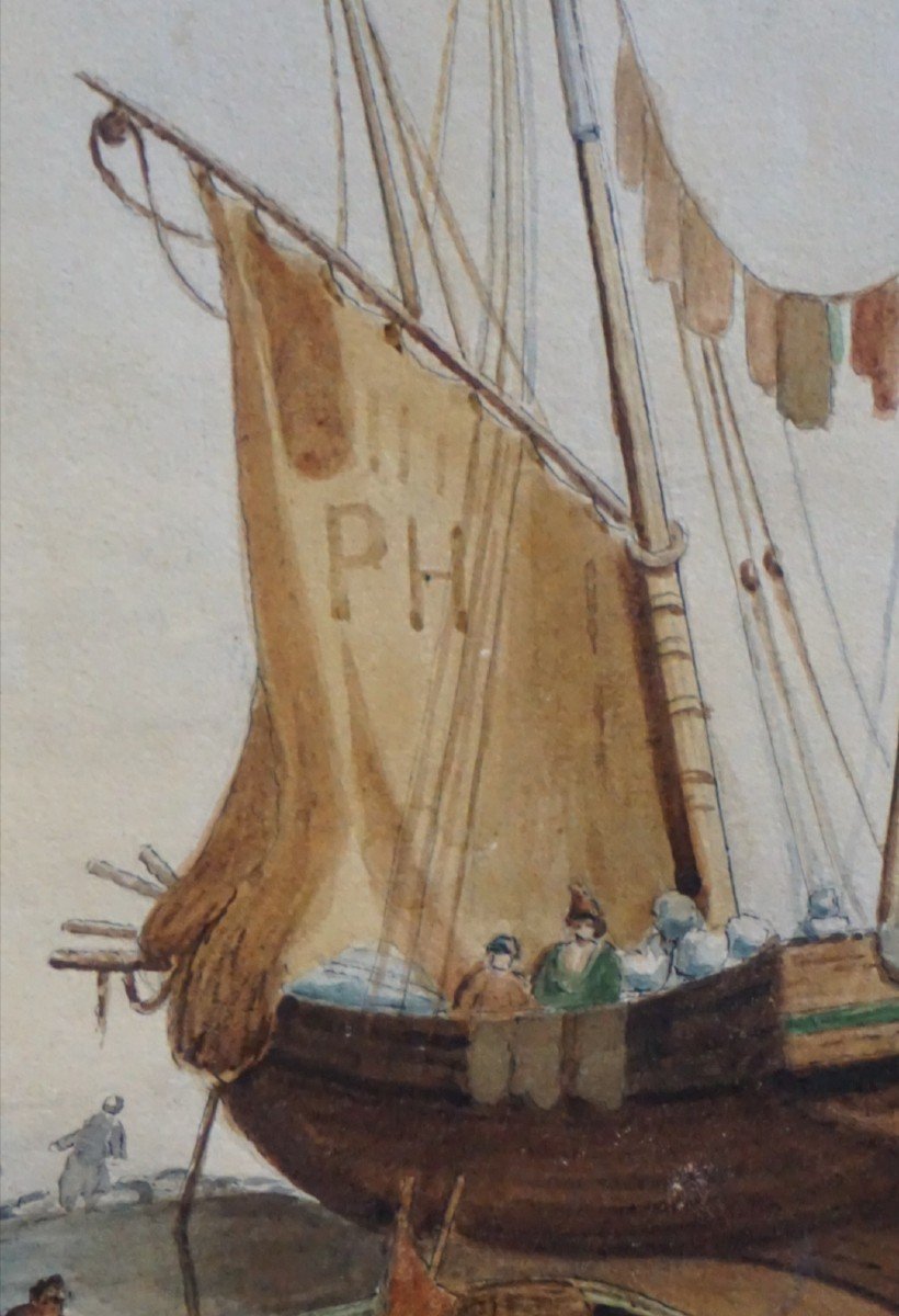 ANNÉE 1854 /   RETOUR DE PÊCHE SUR LA GRÈVE / AQUARELLE-photo-1