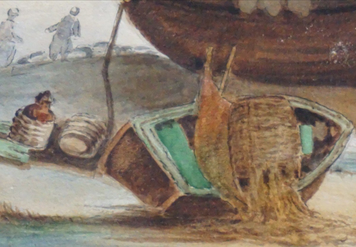 ANNÉE 1854 /   RETOUR DE PÊCHE SUR LA GRÈVE / AQUARELLE-photo-2