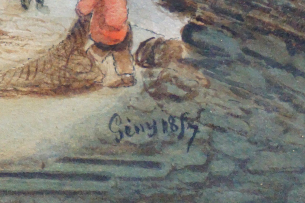 ANNÉE 1854 /   RETOUR DE PÊCHE SUR LA GRÈVE / AQUARELLE-photo-3