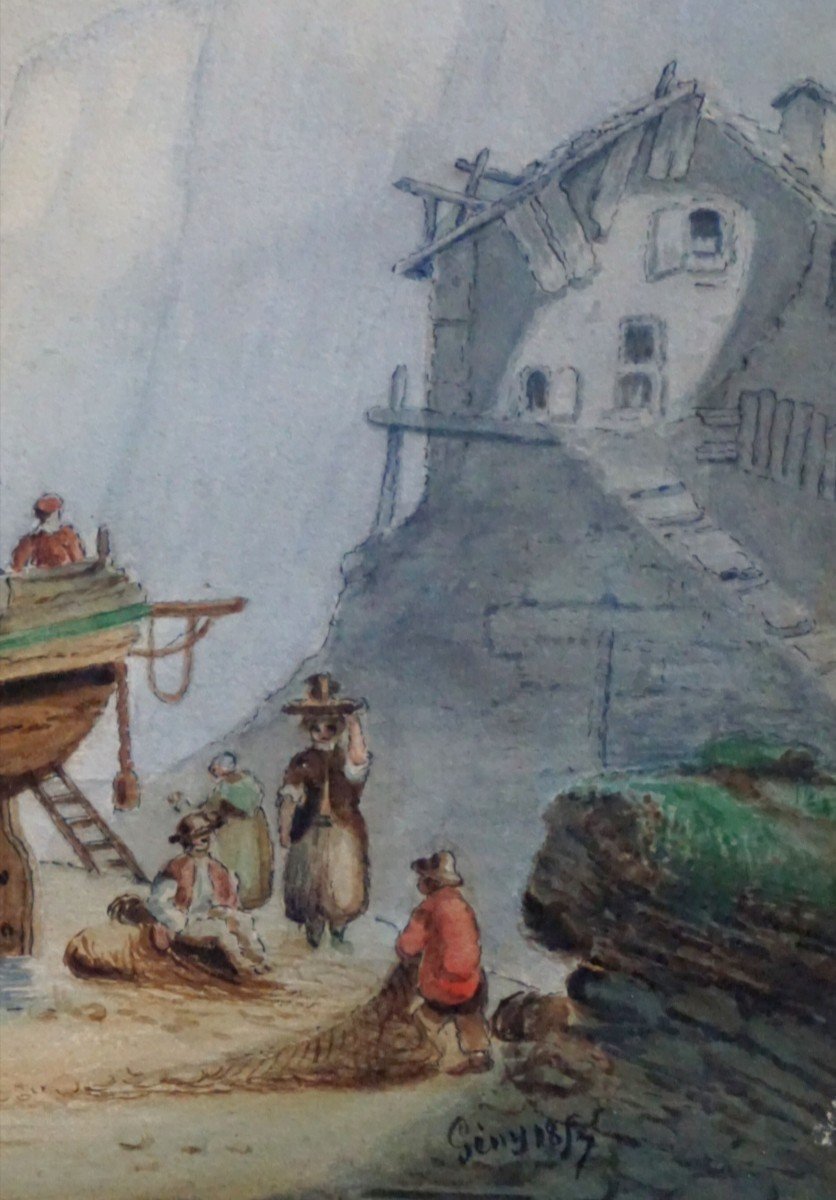 ANNÉE 1854 /   RETOUR DE PÊCHE SUR LA GRÈVE / AQUARELLE-photo-4