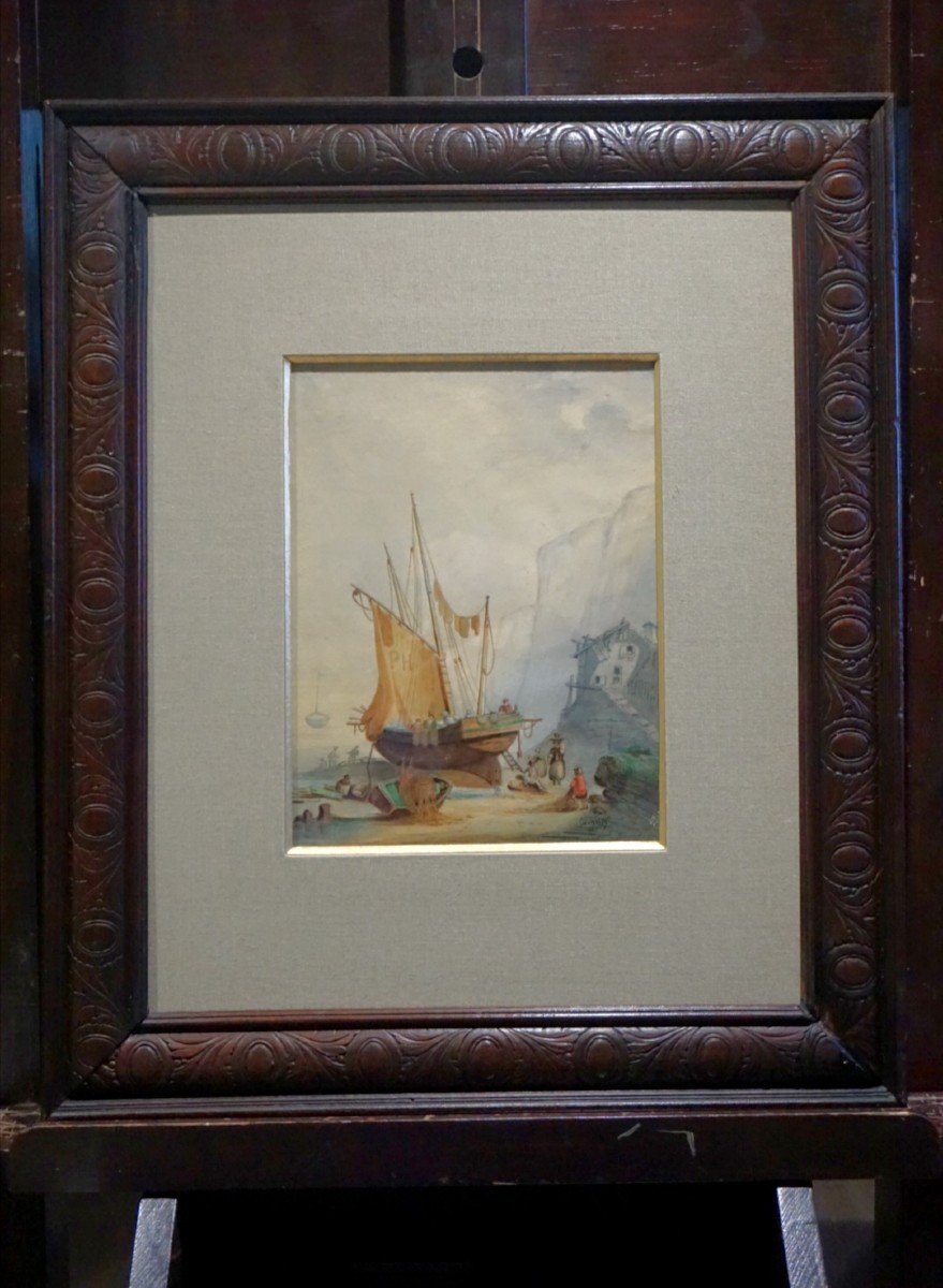 ANNÉE 1854 /   RETOUR DE PÊCHE SUR LA GRÈVE / AQUARELLE-photo-6