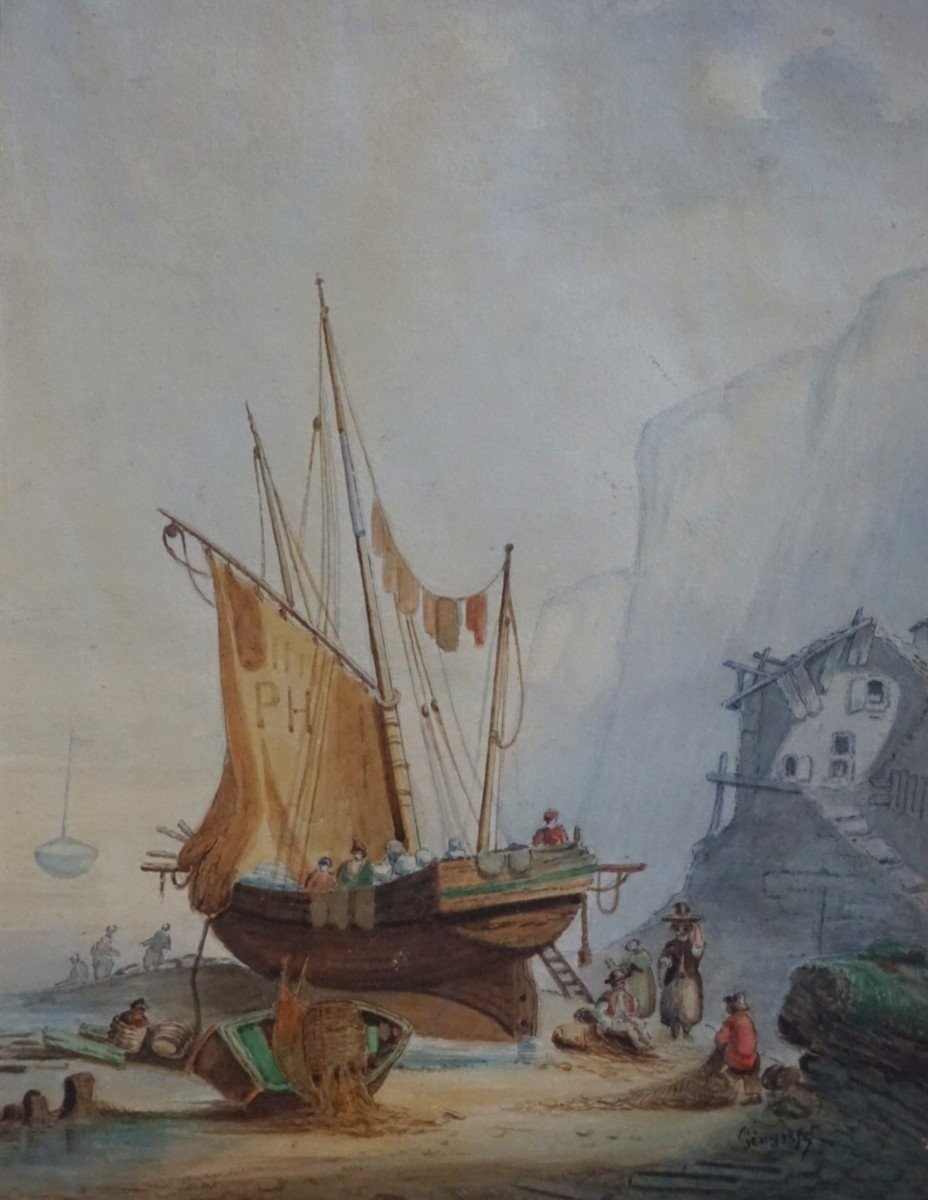 ANNÉE 1854 /   RETOUR DE PÊCHE SUR LA GRÈVE / AQUARELLE