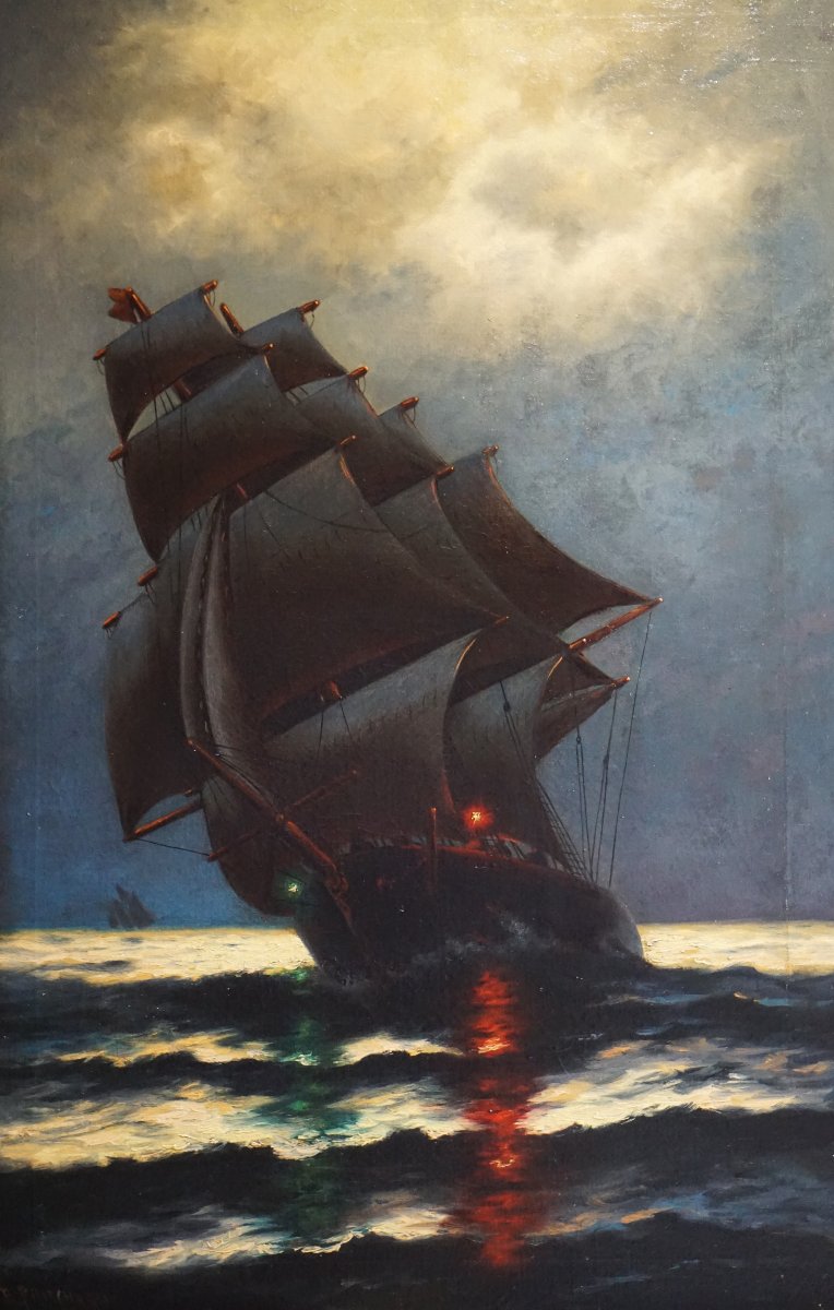 VOILIER EN MER PAR CLAIR DE LUNE / EDWARD F. D. PRITCHARD (1809-1905) / huile sur toile-photo-2