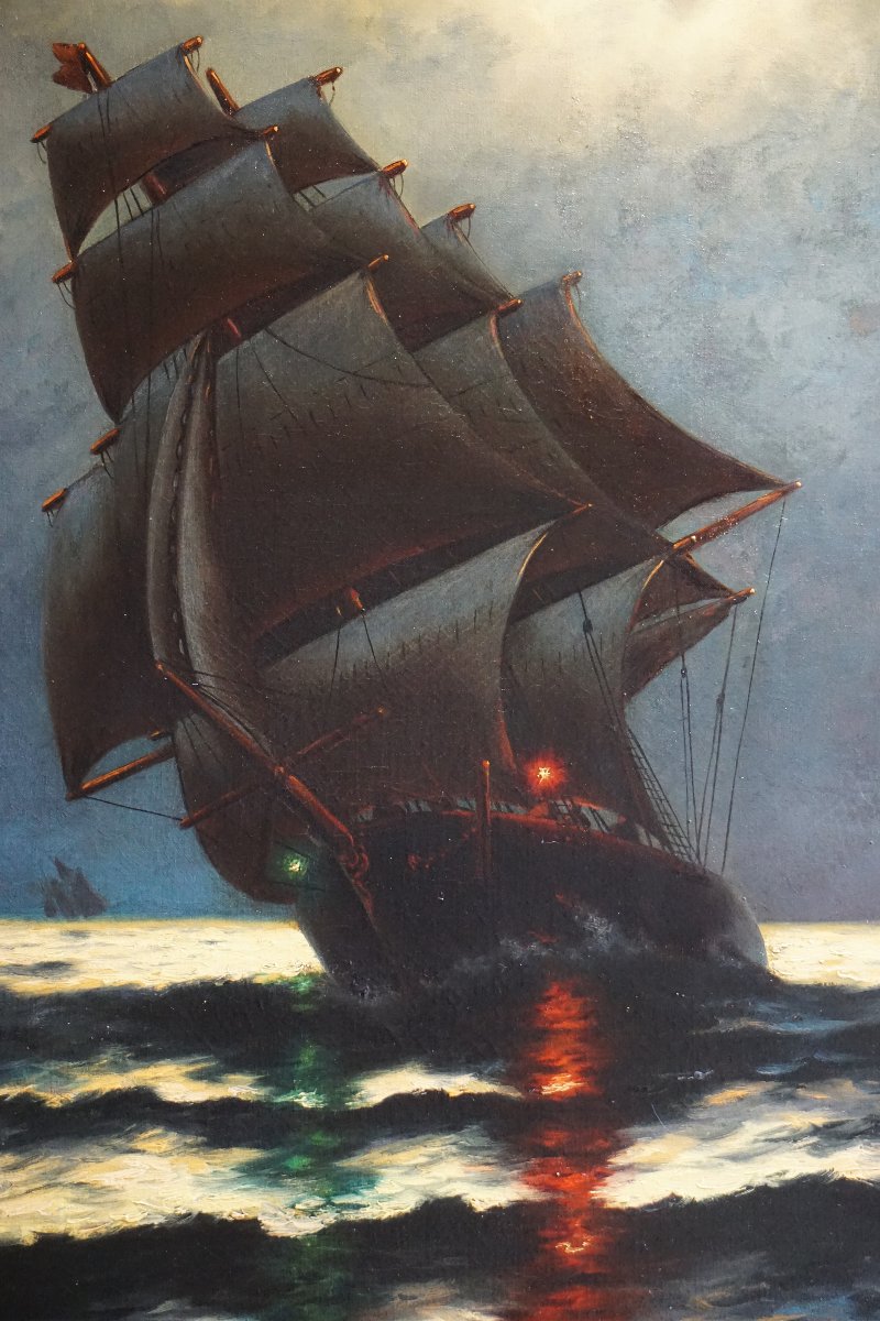 VOILIER EN MER PAR CLAIR DE LUNE / EDWARD F. D. PRITCHARD (1809-1905) / huile sur toile-photo-3