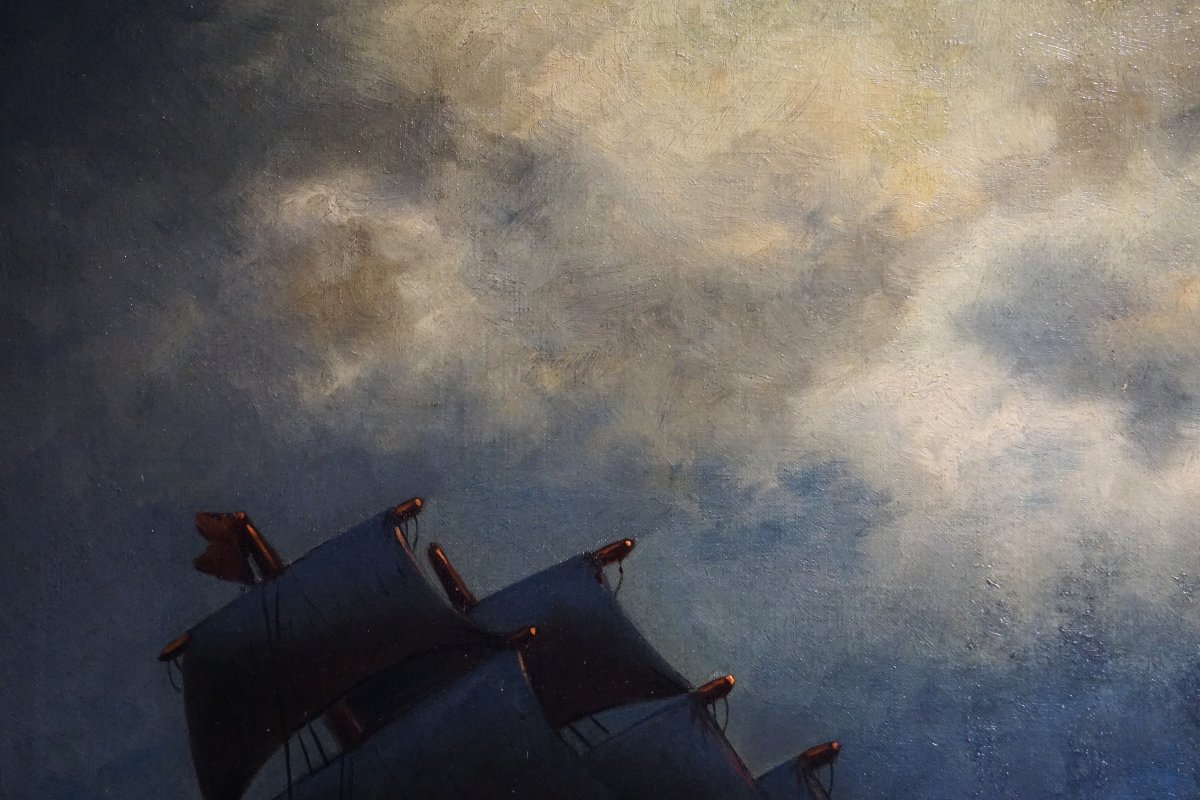 VOILIER EN MER PAR CLAIR DE LUNE / EDWARD F. D. PRITCHARD (1809-1905) / huile sur toile-photo-2