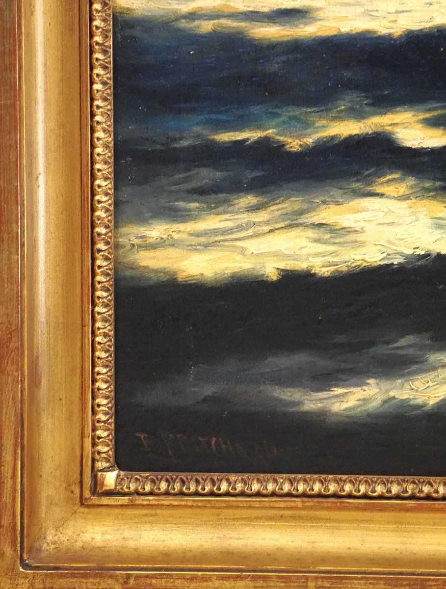 VOILIER EN MER PAR CLAIR DE LUNE / EDWARD F. D. PRITCHARD (1809-1905) / huile sur toile-photo-6