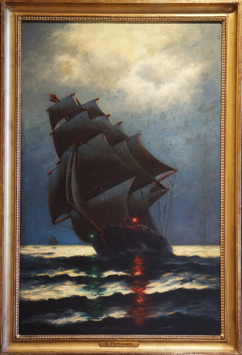 VOILIER EN MER PAR CLAIR DE LUNE / EDWARD F. D. PRITCHARD (1809-1905) / huile sur toile