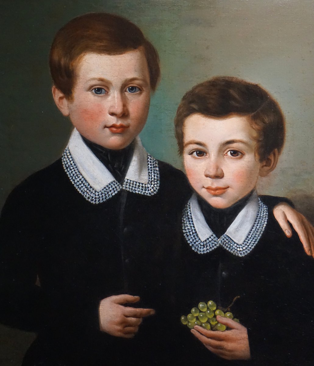 DEUX FRÈRES À LA GRAPPE DE RAISIN / CIRCA 1840 / huile sur toile-photo-2