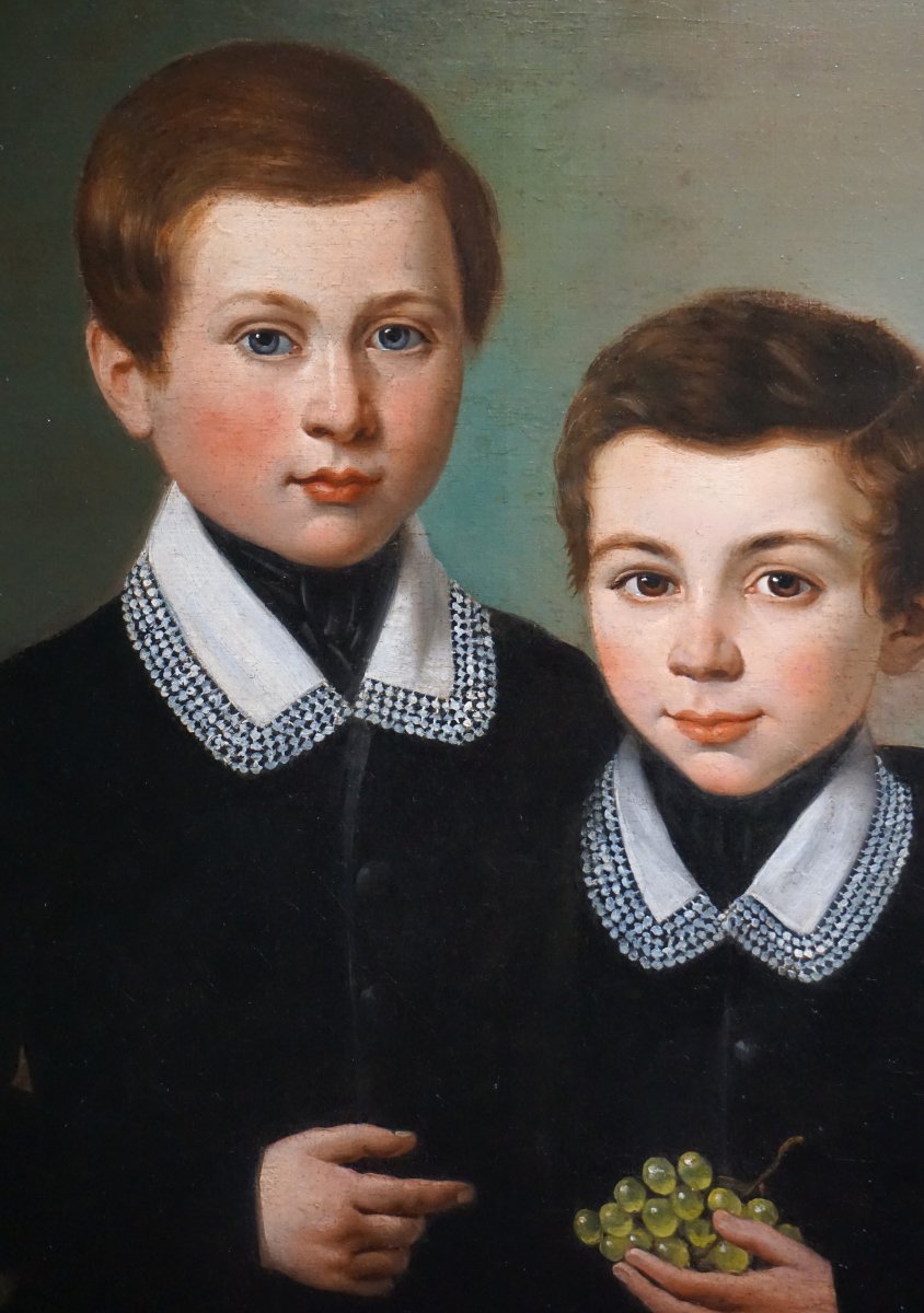 DEUX FRÈRES À LA GRAPPE DE RAISIN / CIRCA 1840 / huile sur toile-photo-3