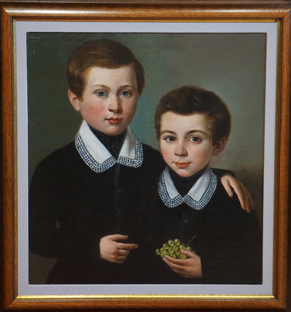 DEUX FRÈRES À LA GRAPPE DE RAISIN / CIRCA 1840 / huile sur toile-photo-7